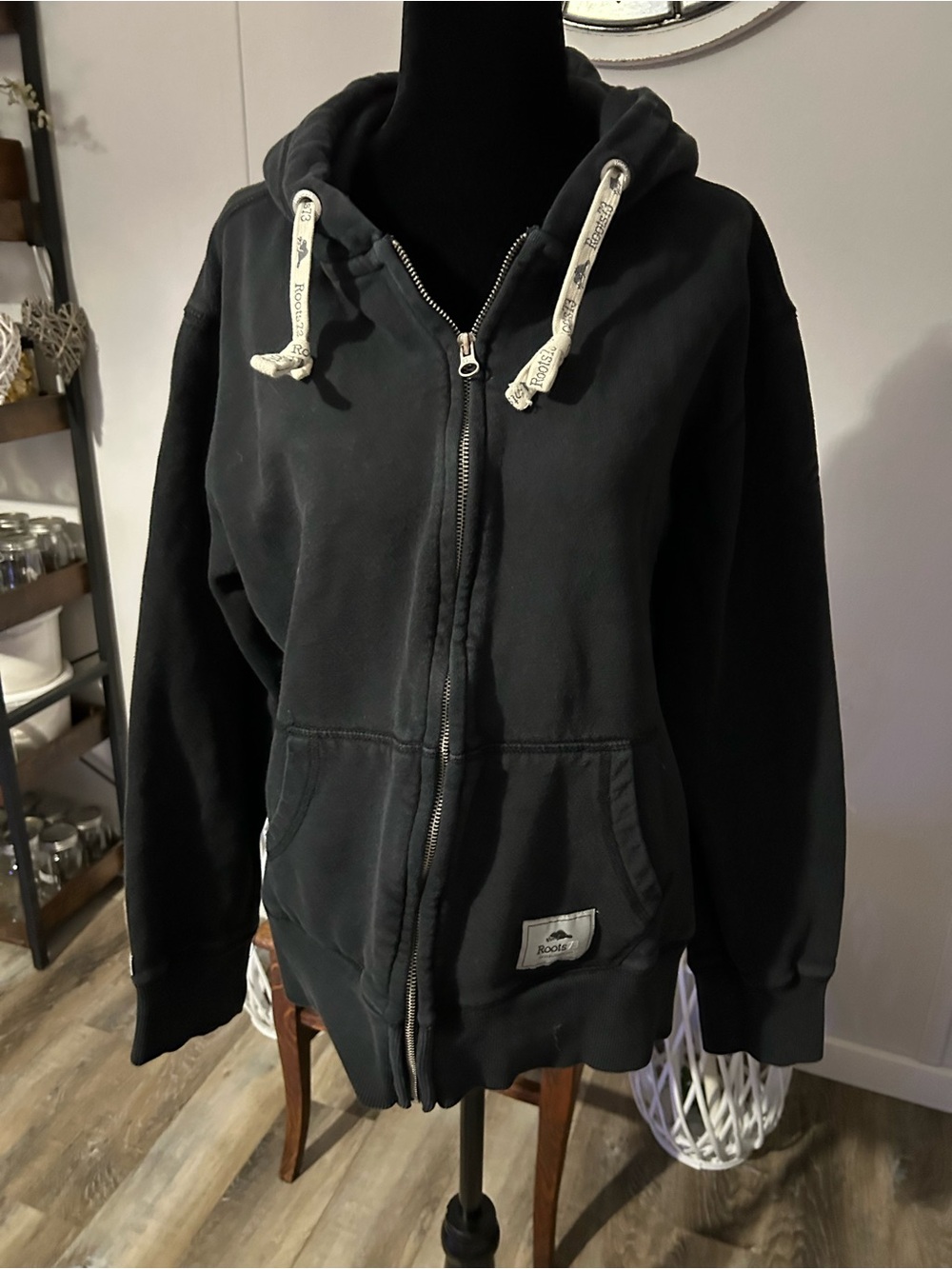 Guess Black Zip-Up Hoodie with White Drawstrings
